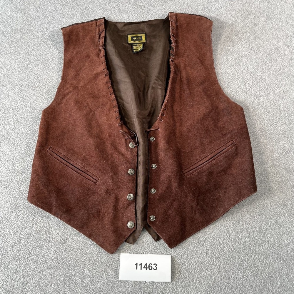 AJ Brown Suede Leather Vest Mens Medium Western Lace Snap Front Rayon Lined